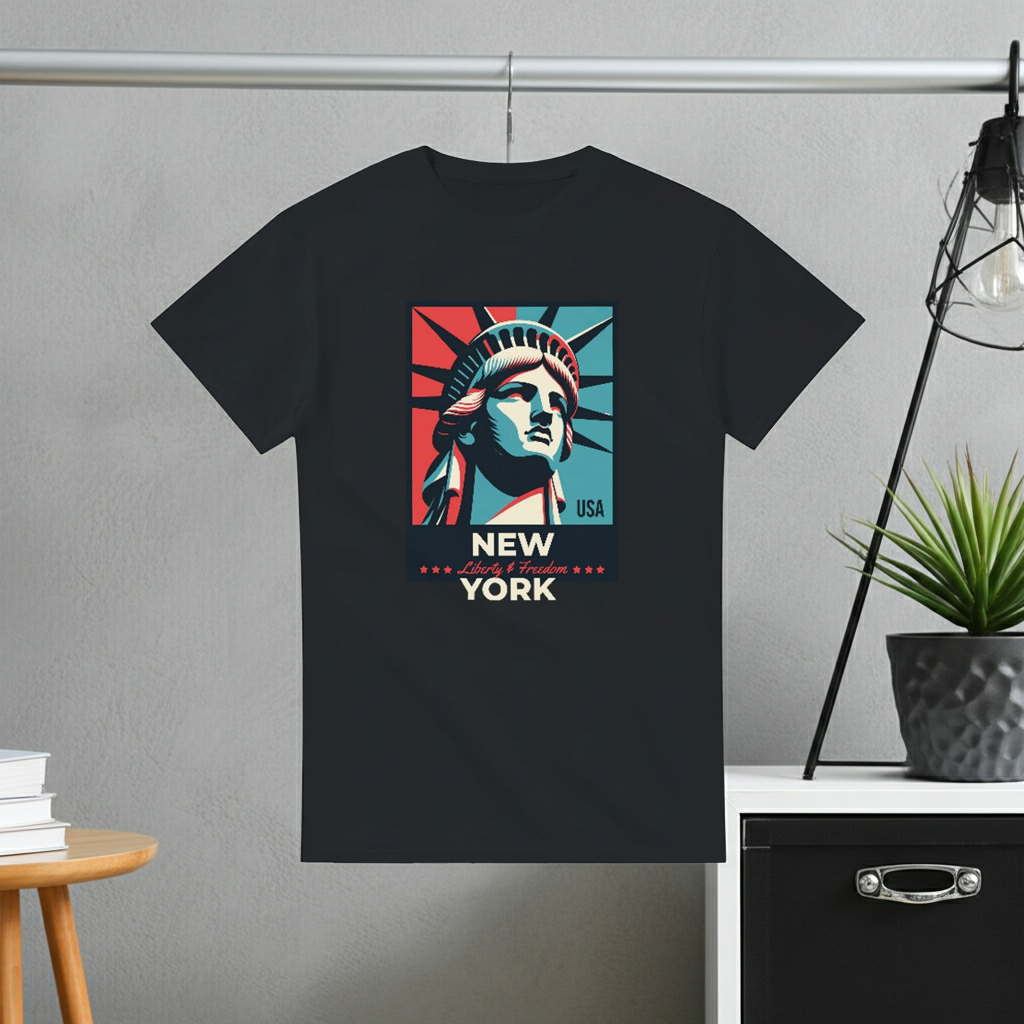 Black t-shirt with Statue of Liberty graphic and 'New York' text on a gray wall background.