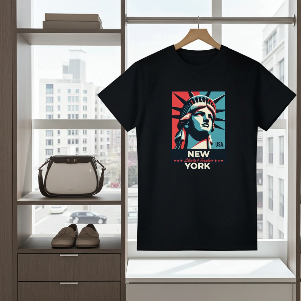 Black t-shirt with Statue of Liberty graphic on a hanger in front of a window with cityscape view.