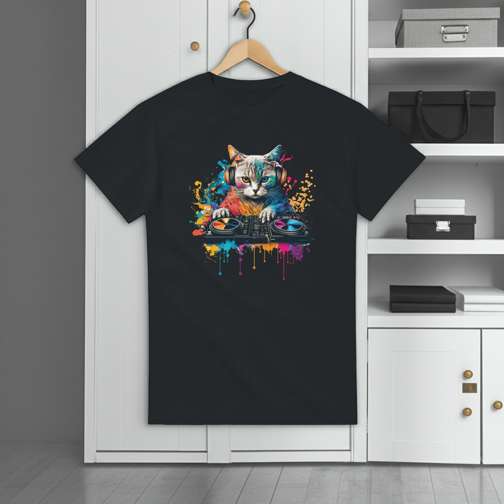 Black t-shirt with a colorful cat graphic on a hanger against a white wall.