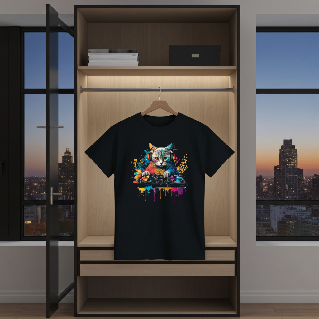 Black t-shirt with a colorful cat graphic on a hanger in a wardrobe with cityscape view.
