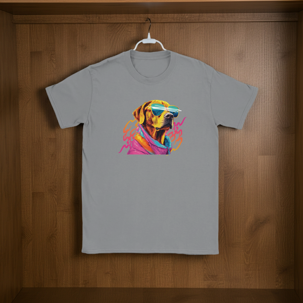 Gray t-shirt with a colorful dog graphic on a wooden surface